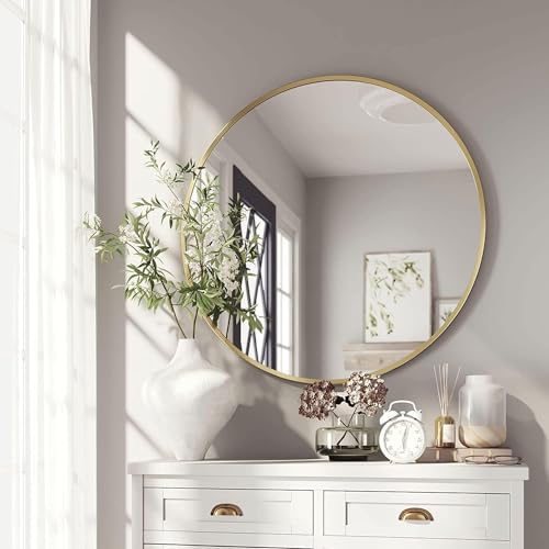 The arts box Round Mirror for Bathroom, Gold Circle Mirror for Wall Mounted, Modern Brushed Brass Metal Frame Round Mirror for Wall Decor, Vanity, Living Room, Bedroom, Framed (Gold, 18Inch)|B0CSQKL3X8