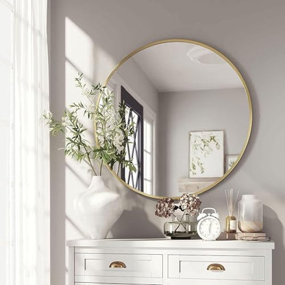 The arts box Round Mirror for Bathroom, Gold Circle Mirror for Wall Mounted, Modern Brushed Brass Metal Frame Round Mirror for Wall Decor, Vanity, Living Room, Bedroom, Framed (Gold, 18Inch)|B0CSQKL3X8