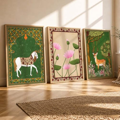 kotart Traditional Wall Art Painting With Frame Pichwai Art Home Decoration For Living Room Bed Room Hotel Wall Decor Digital Reprint Set of 3 (19X25 inch)|B0FR96F34X