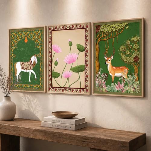 kotart Traditional Wall Art Painting With Frame Pichwai Art Home Decoration For Living Room Bed Room Hotel Wall Decor Digital Reprint Set of 3 (19X25 inch)|B0FR96F34X