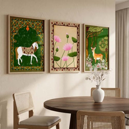 kotart Traditional Wall Art Painting With Frame Pichwai Art Home Decoration For Living Room Bed Room Hotel Wall Decor Digital Reprint Set of 3 (19X25 inch)|B0FR96F34X