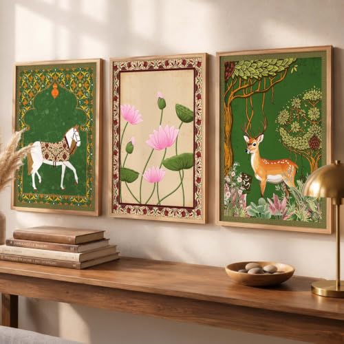 kotart Traditional Wall Art Painting With Frame Pichwai Art Home Decoration For Living Room Bed Room Hotel Wall Decor Digital Reprint Set of 3 (19X25 inch)|B0FR96F34X